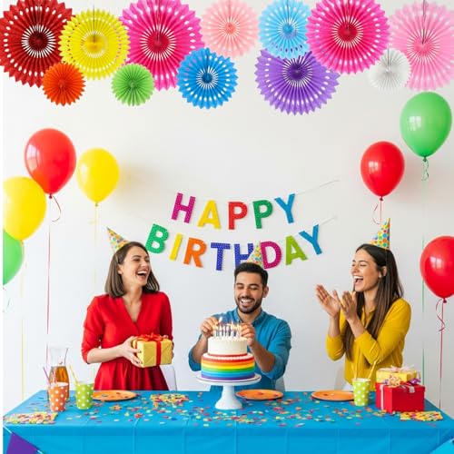 Honeycomb Round Paper Fans Rainbow Hanging Party Decoration (12 Count)