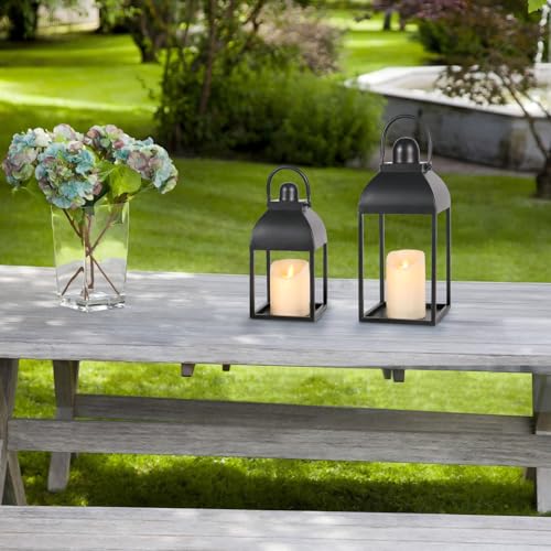 Lanterns Decorative Indoor 15" 11" Set of 2 Black Metal Lantern with Candle (2 Count)