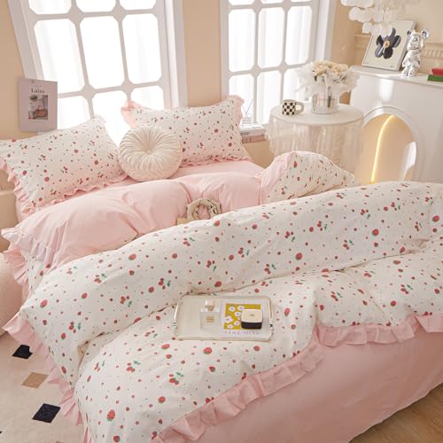 Kawaii Strawberry Comforter Set Twin XL Cute Ruffle Comforter with 2 Pillowcases White Fluffy Microfiber Kids Girls Bedding Comforter Strawberry Printed Ruffled Comforter Set Twin XL for All Seasons