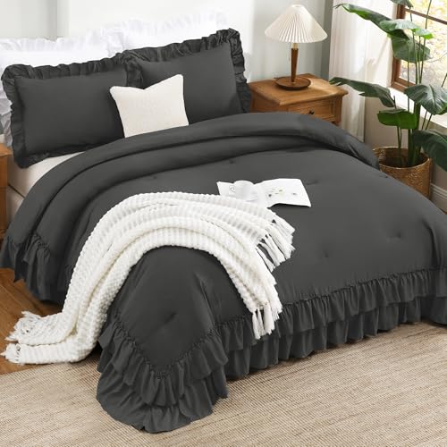 Dark Grey Ruffle Comforter Set Queen Size