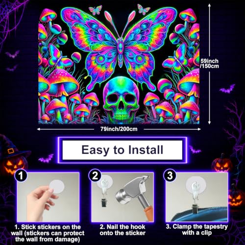 Blacklight Tapestry Butterfly Skull Glow Backdrop 78 x 59 Inch