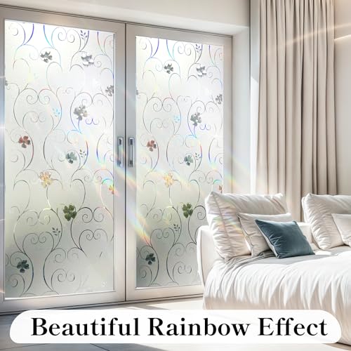 Window Privacy Film 3D Flower Pattern Stained Glass Window Film Frosted Rainbow Window Film Decorative Decals Removable Static Clings Vinyl Anti UV Window Cling for Home 23.6 x 118 inches