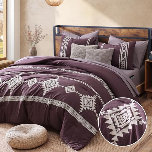 Embroidery Queen Comforter Set 7 Pieces Purple Western Bed in a Bag