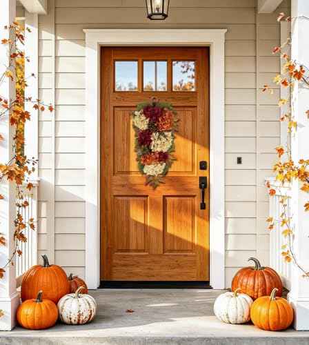 23" Fall Teardrop Swag Small Fall Hydrangea Wreath for Front Door Outside