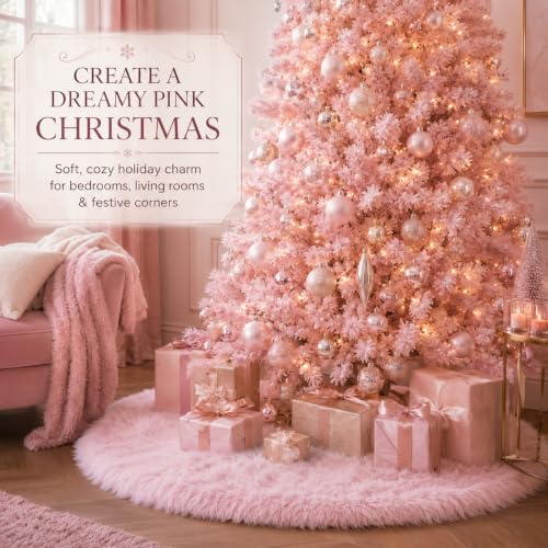 72 Inch Faux Fur Christmas Tree Skirt Pink Plush Skirt for Merry Christmas Party Christmas Tree Decoration