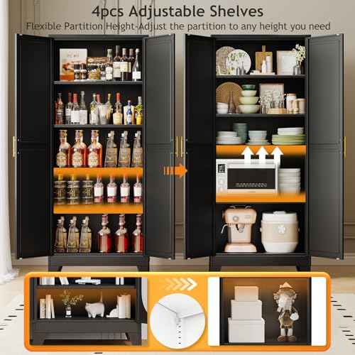 71" Tall Metal Pantry Storage Cabinet with Doors and 4 Adjustable Shelves