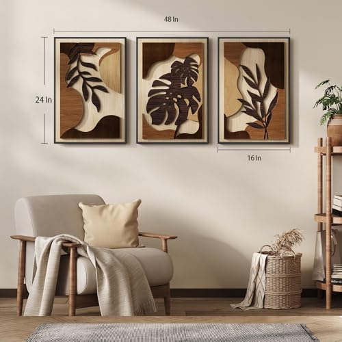 Framed Wood 3D Boho Tropical Botanical Wall Decor Art Bedroom (3 Count)