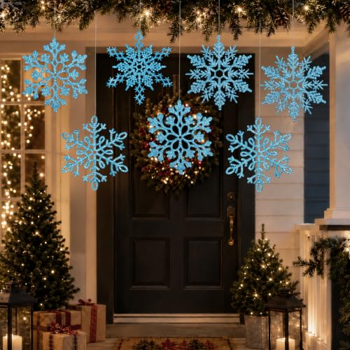 12pcs Large Snowflakes Ornaments Blue 12” Big Plastic Glitter Snowflake for Winter Indoor Outdoor Christmas Tree Window Room Decorations Giant Craft Snowflakes (12 Count)