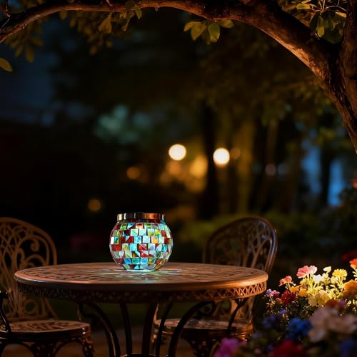 6 Pack Gift for her him Landscape Lighting Path Lights Heavy Solar Mosaic Lantern with RGB Color (6 Count)