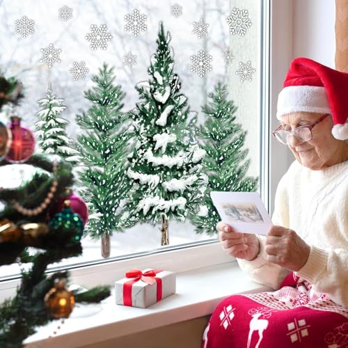 Christmas Window Clings for Glass 9 Sheet Xmas Tree Window Decals with Snowflake Designs Window Stickers Winter Windows Cling for Party Supplies Home School Office Glass Decorations (9 Count)