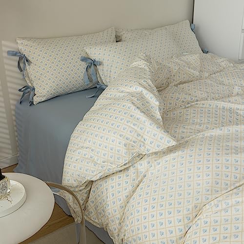 Blue Floral Comforter Queen Comforter Set Cute Blue Flower Bedding Comforter Set for Kids Girls Chic Floral Cottagecore Bedding Set Vintage Botanical Comforter with 2 Bowknot Bow Tie Pillowcases (3 Piece Set)