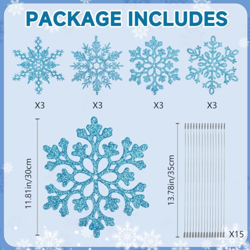 12pcs Large Snowflakes Ornaments Blue 12” Big Plastic Glitter Snowflake for Winter Indoor Outdoor Christmas Tree Window Room Decorations Giant Craft Snowflakes (12 Count)