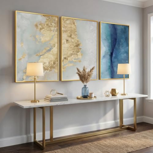 Large Framed Blue Gold Abstract Wall Art for Living Room (3 Count)