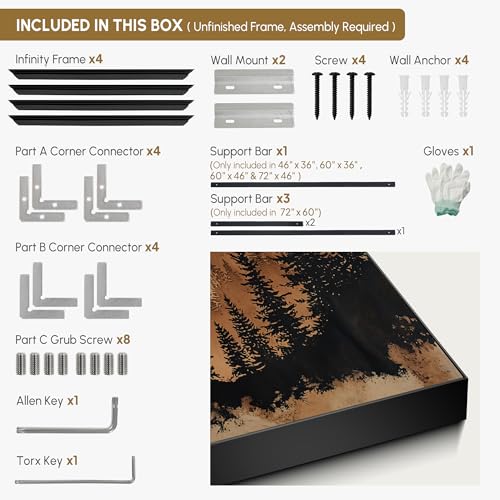 36"x46" Extra Large Framed Wall Art Rustic Mountain Pine Forest Silhouette in Warm Earth Tones for Home Living Room Bedroom Decor
