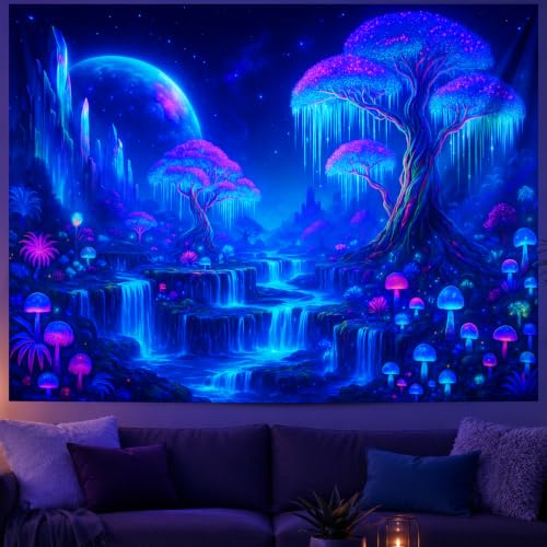 Blacklight Tapestry Forest Waterfall Wall Hanging 78 x 59 Inch