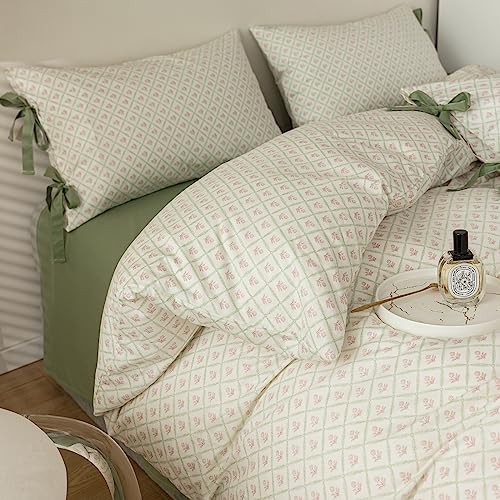 Pink Floral Comforter Set Queen Plaid Grid Cute Flower Comforter 3 Pieces Cottagecore Bedding Comforter Aesthetic Flowers Boho Comforter with 2 Bowknot Pillowcases Farmhouse Bedding Set