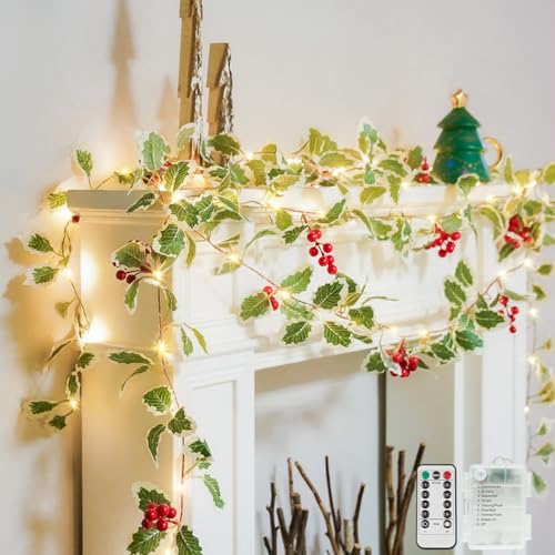String Light with Red Berries&Holly Leaf Battery Powered Copper Wire