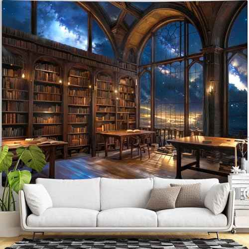 Gothic Library Tapestry Vintage Medieval Bookshelf Tapestries Wall Hanging Fantasy Space Academia Book Extra Large Tapestry for Bedroom Living Room Dorm Classroom 90 x 68 inch