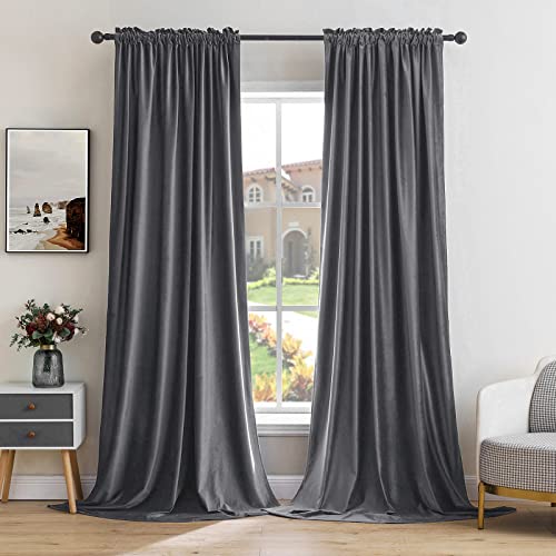 Grey Blackout Velvet Curtains Drapes 96 Inch Long 52"x96" Bedroom (2 Count)