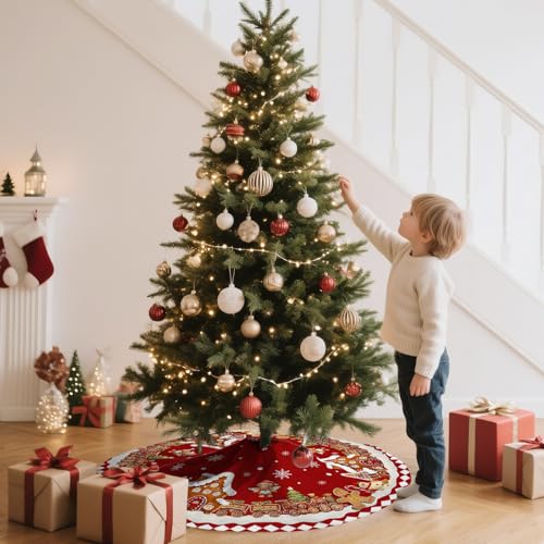 Red Gingerbread Christmas Tree Skirt Decorations House Decor Christmas Gingerbread Tree Ornaments Holiday Party Indoor Outdoor Xmas Trees Mat 36 inches