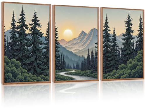 Boho Mountain Sun Forest Framed Canvas Wall Art