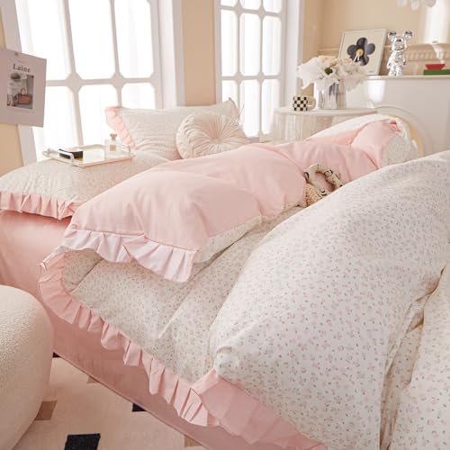 Reversible Ruffle Comforter Set King Vintage Botanical Floral Comforter Set White Coquette Bedding Cottagecore Pink Flower Comforter with 2 Pillowcases Floral Boho Bedding Comforter for King Bed