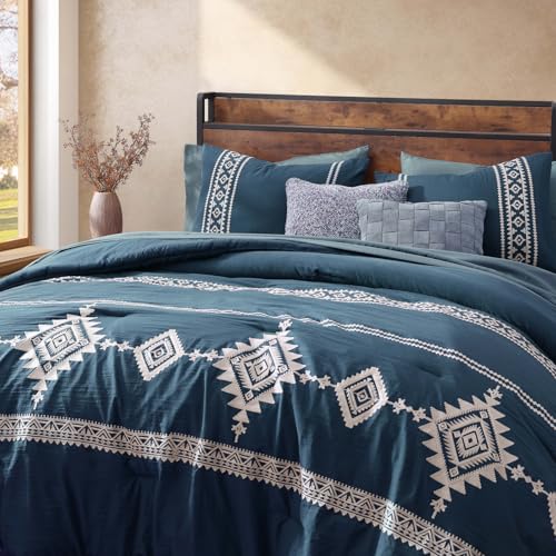 Embroidery Queen Comforter Set 7 Pieces Navy Blue Bed in a Bag