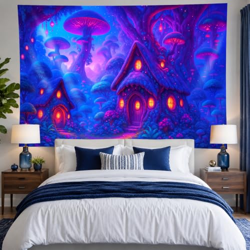 Blacklight Tapestry Mushroom Fairy UV Wall Art 78 x 59 Inch