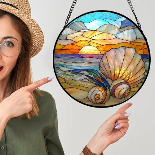 Ocean Stained Glass Window Hanging Suncatcher Beach Gifts for Women 6.3"