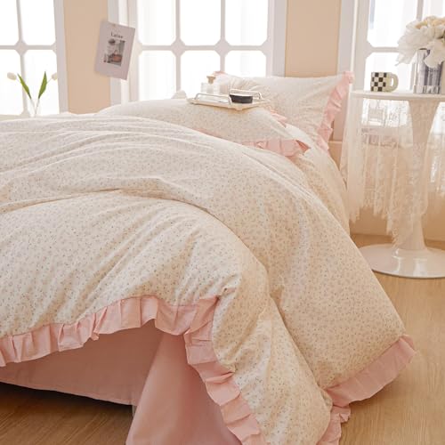 Reversible Ruffle Comforter Set King Vintage Botanical Floral Comforter Set White Coquette Bedding Cottagecore Pink Flower Comforter with 2 Pillowcases Floral Boho Bedding Comforter for King Bed