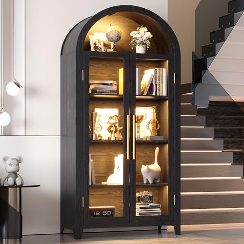 71" Arched Kitchen Pantry Storage Cabinet with Glass Doors