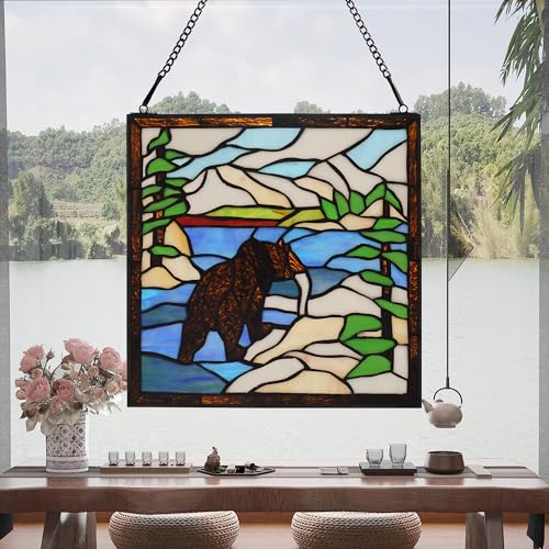 Stained Glass Window Hanging 12" Square Tiffany Animal Style Brown Bears Suncatcher Wall Decor Art Panel Includes 20" Chain and Hooks The Perfect Housewarming Gift