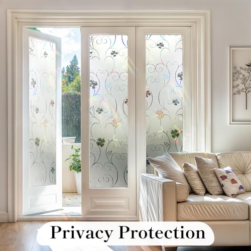 Window Privacy Film 3D Flower Pattern Stained Glass Window Film Frosted Rainbow Window Film Decorative Decals Removable Static Clings Vinyl Anti UV Window Cling for Home 23.6 x 118 inches