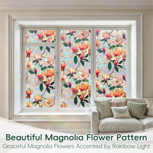 Window Privacy Film Decorative Stained Glass Window Film Rainbow Magnolia Floral Static Cling Non