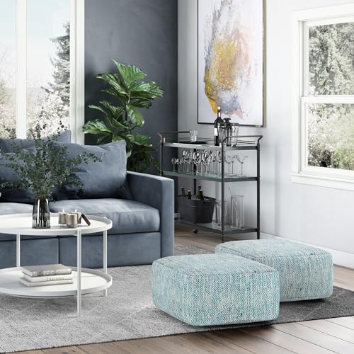 Nate 20" Wide Square Pouf in Light Teal Handwoven Cotton