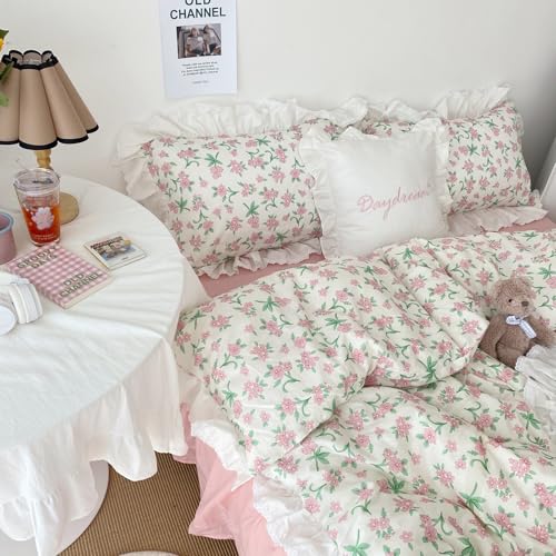 Queen Comforter Set Romantic Ruffle Pink Floral Bedding Comforter with 2 Pillowcases Vintage Botanical Flowers Comforter Set Farmbouse Cottagecore Bedding Ruffle Comforter for All Seasons