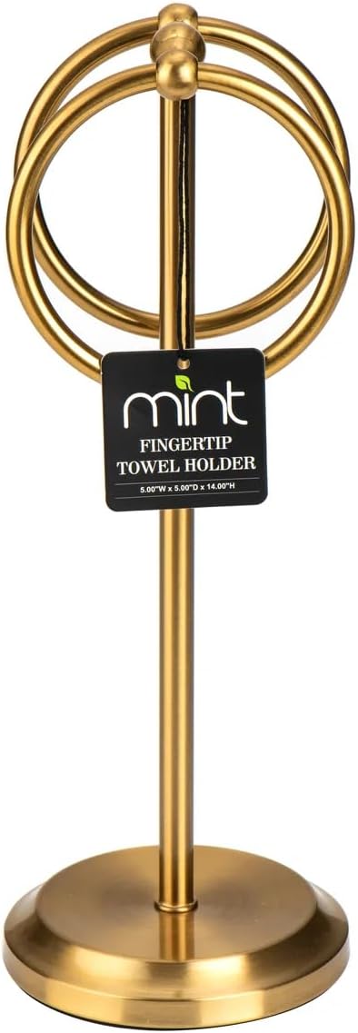 J&V TEXTILES Steel Towel Rack Holder Stand with 2 Hanging Rings for Bathroom Vanity Countertops - Space Saving Hand Towel Holder (Aged Brass)