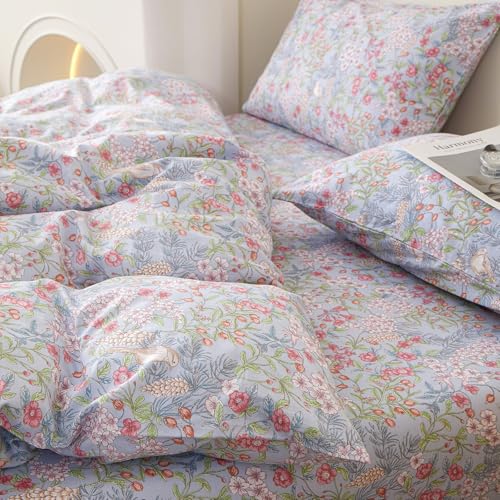 Blue Floral Queen Comforter Set Vintage Botanical Flowers Bedding Set