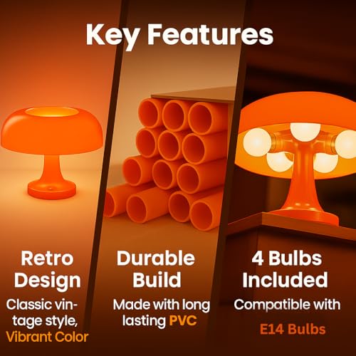Orange Mushroom Lamp with 4 Replacable Bulbs