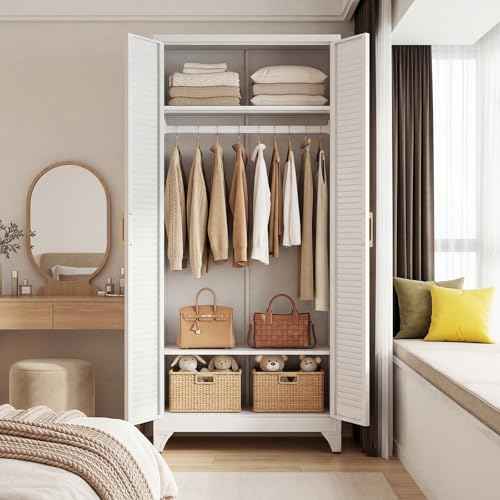 71" Tall White Wardrobe Closet with Door and Adjustable Shelves