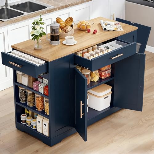 53 inch Large Rolling Kitchen Island with Trash Can Storage Cabinet