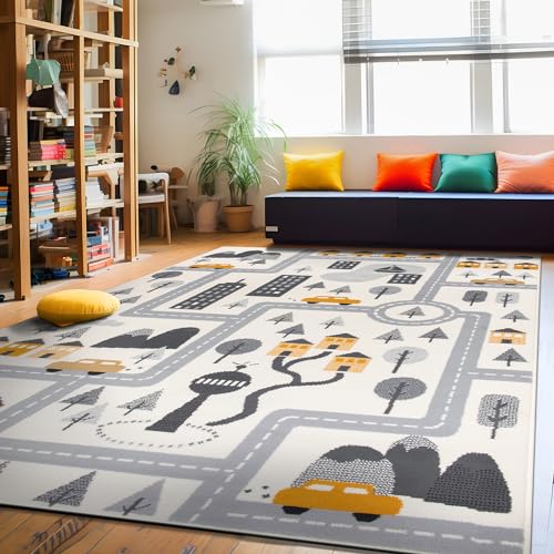 Kids Play Road Cityscape Playroom Area Rug Cream 5' x 7'