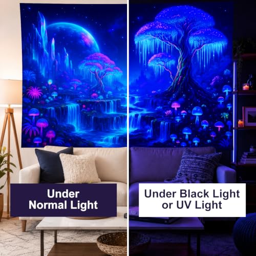 Blacklight Tapestry Forest Waterfall Wall Hanging 78 x 59 Inch