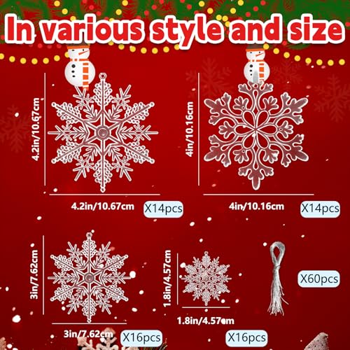 Christmas Tree Decorations Snowflake Ornaments 60Pcs Clear Plastic Hanging Snowflakes from Ceiling Snow Flakes Decorating Hanging for Winter Wonderland Decorations Indoor Outdoor Decor (60 Count)