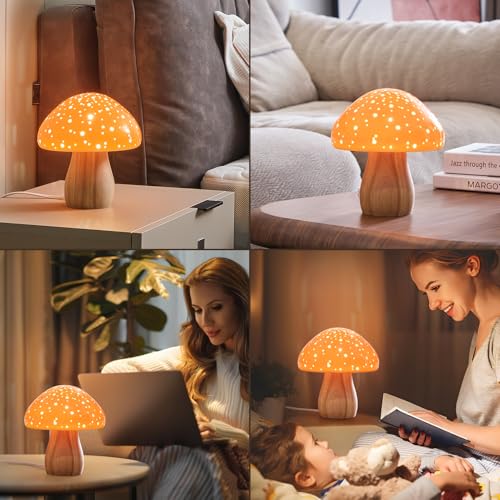 Mushroom Lamp Ceramic Bedside Table Lamp for Bedroom Orange