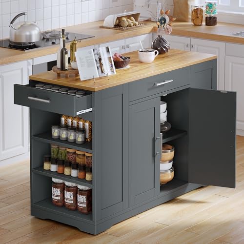 53 Inch Movable Kitchen Island with Trash Can Storage Cabinet