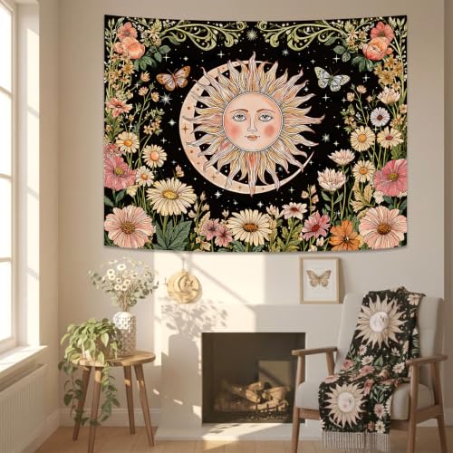 Boho Vintage Sun and Moon Hippie Floral Tapestry 80 x 60 Inch