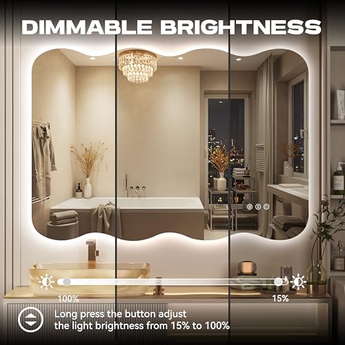 40"x32" Wavy Mirror with Lights Frameless Backlit LED Wall Mirror