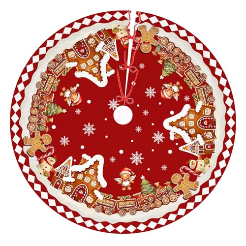Red Gingerbread Christmas Tree Skirt Decorations House Decor Christmas Gingerbread Tree Ornaments Holiday Party Indoor Outdoor Xmas Trees Mat 48 inches