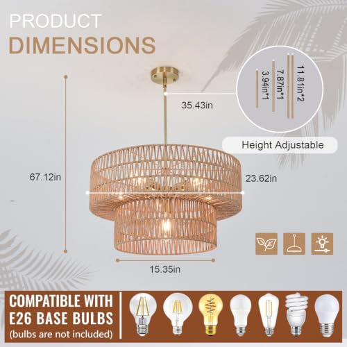 23.62" 6 Light Boho Chandelier Rattan Light Fixture Hand Woven Farmhouse Chandelier for Dining Room Ceiling Hanging Pendant Light for Kitchen Island Lighting